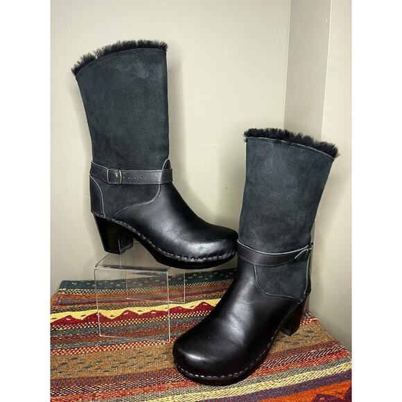 No. 6 Black Leather Pull On Shearling Clog Boot Heel Black Suede EU 42 - Picture 1 of 11